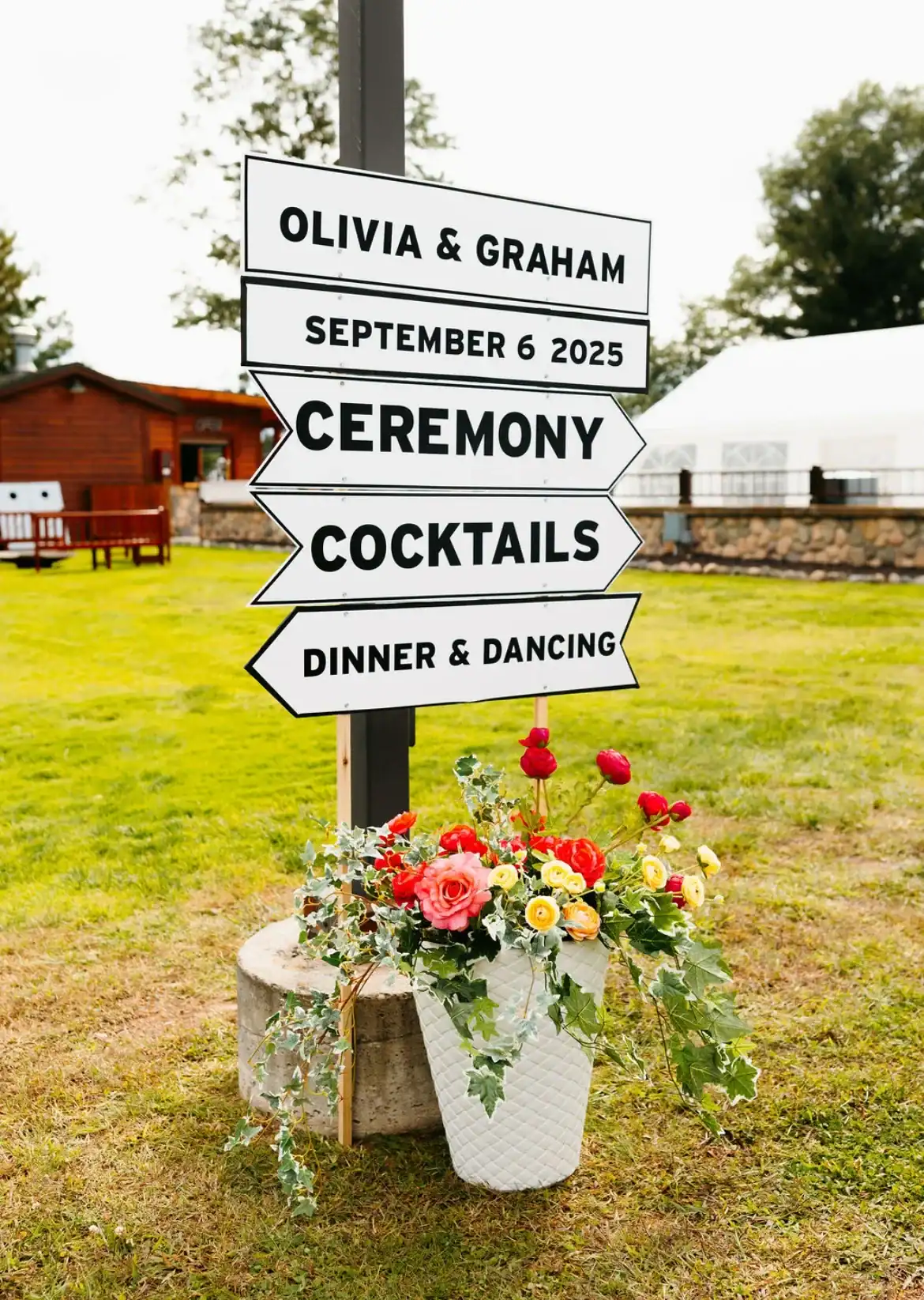 wedding signs showing direction to cocktails, ceremony and other events